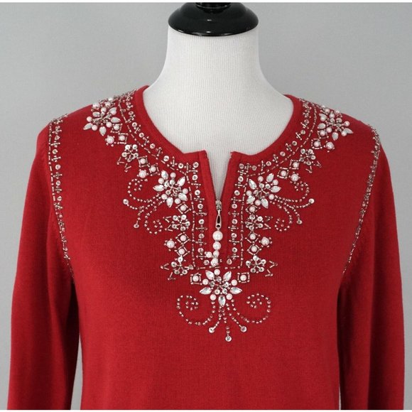 QUACKER FACTORY Red White Beaded Pearl Floral Sweater Size XS - Picture 2 of 5